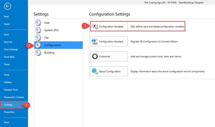 Capture d'écran montrant la configuration des variables dans OpenBuildings Designer.