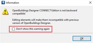 Alerte de désactivation de la boîte de dialogue dans OpenBuildings Designer.