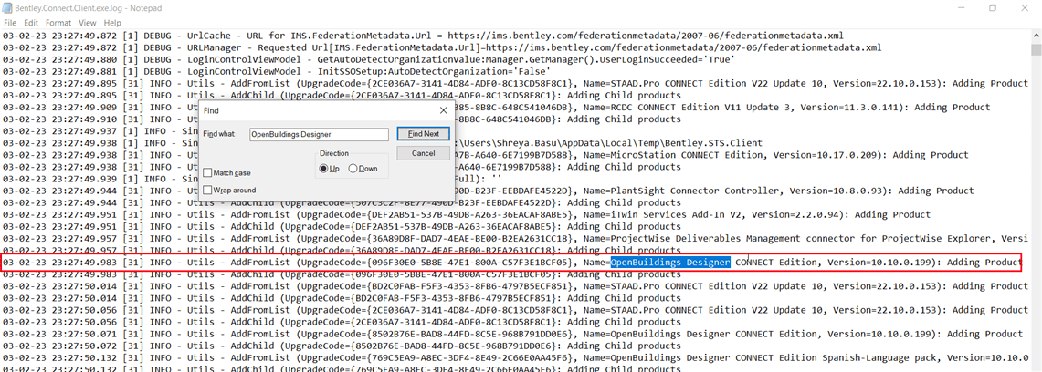 Capture d'écran de l'interface pour obtenir le numéro de version d'OpenBuildings Designer.