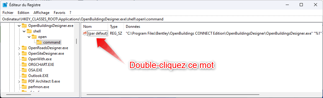 Interface OpenBuildings Designer pour définir le mode MicroStation par défaut.