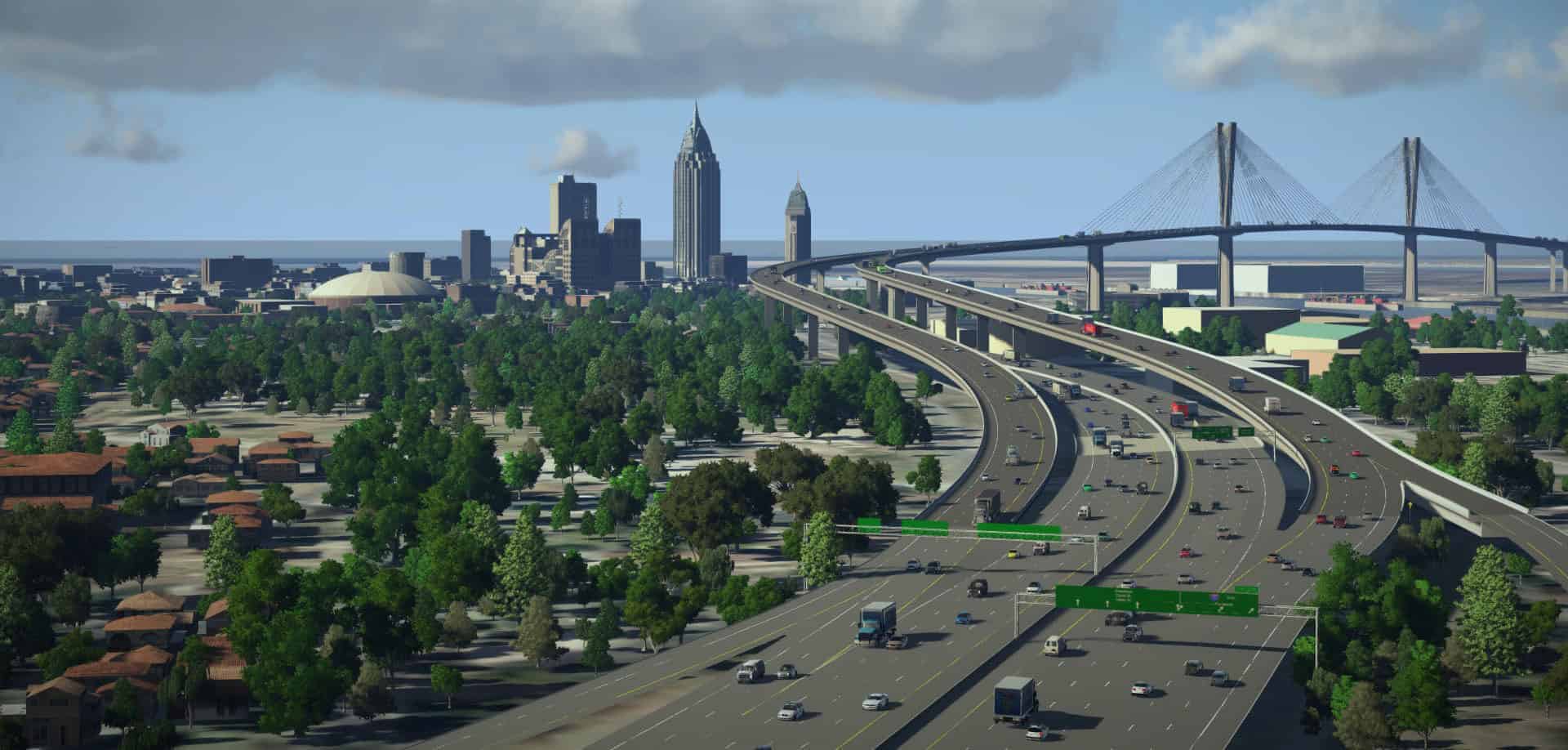 Infrastructure urbaine numérisée avec ponts et routes modernes.