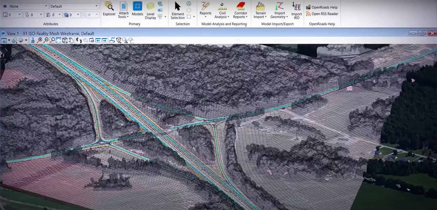 Capture d'écran d'OpenRoads Designer montrant la modélisation de routes et infrastructures