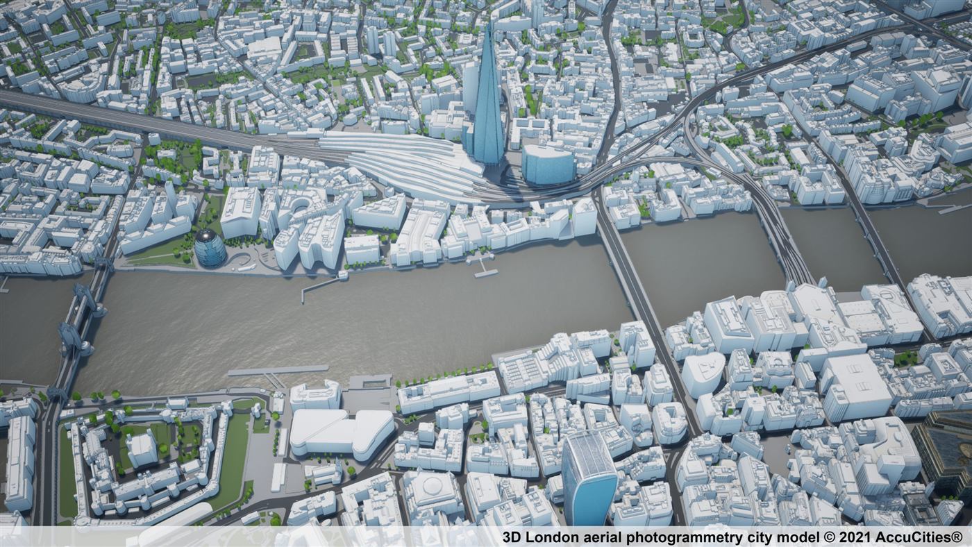 Modèle 3D de ville généré par photogrammétrie, similaire aux maillages produits par iTwin Capture Modeler
