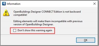 Désactivation du message d'alerte de rétrocompatibilité d'OBD dans l'espace de travail géré par ProjectWise T&A OpenBuildings  Désactivation du message d'alerte de rétrocompatibilité d'OBD dans l'espace de travail géré par ProjectWise