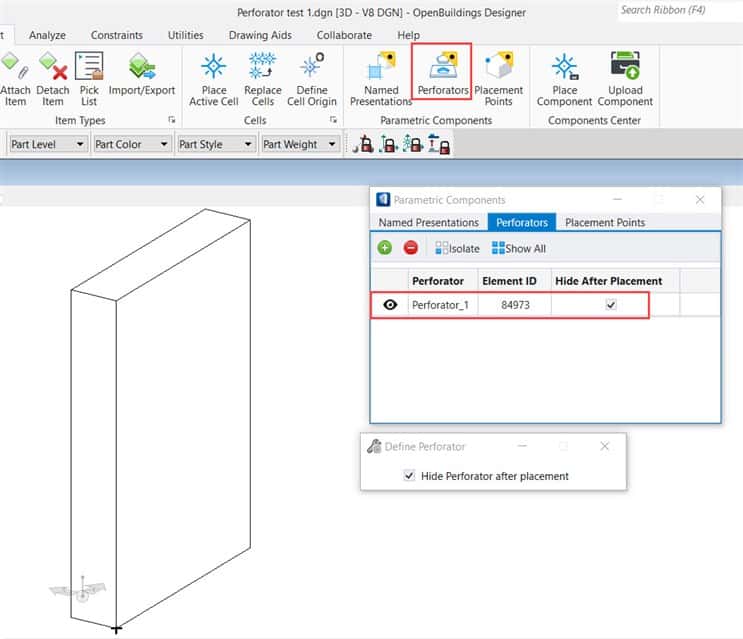 Création d'une ouverture dans un solide à l'aide de l'outil Perforateurs T&A OpenBuildings  Création d'une ouverture dans un solide à l'aide de l'outil Perforateurs