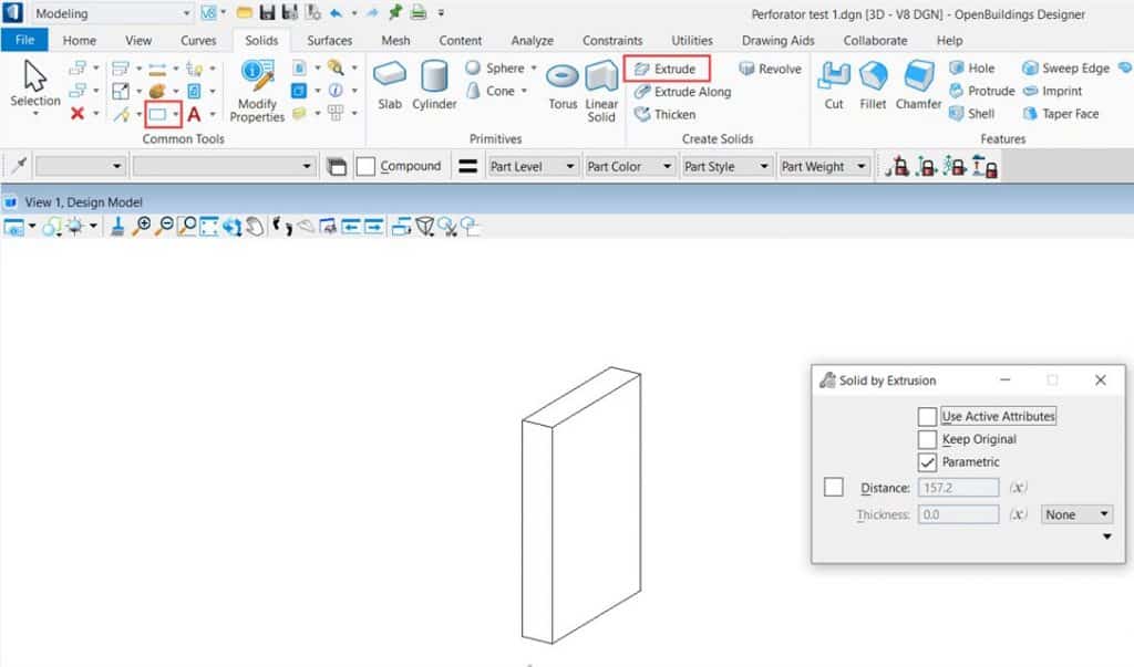 Création d'une ouverture dans un solide à l'aide de l'outil Perforateurs T&A OpenBuildings  Création d'une ouverture dans un solide à l'aide de l'outil Perforateurs