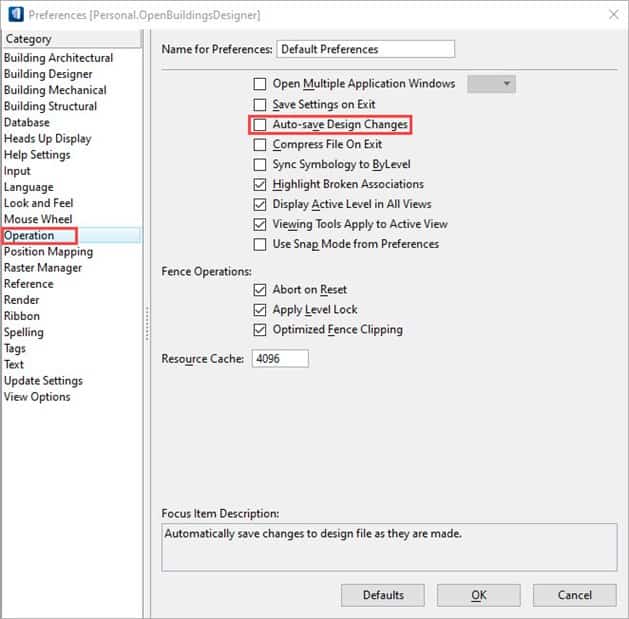 Modification de l'option d'enregistrement automatique dans OpenBuildings Designer T&A OpenBuildings  Modification de l'option d'enregistrement automatique dans OpenBuildings Designer